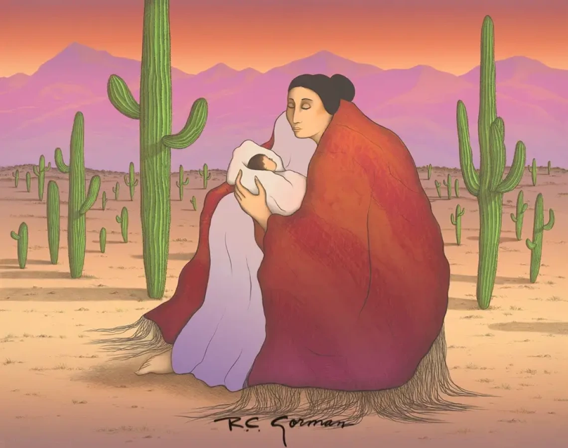 “Earth Mother,” depicting a Navajo woman holding a child in a desert landscape with saguaros and mountains under a soft orange sky.